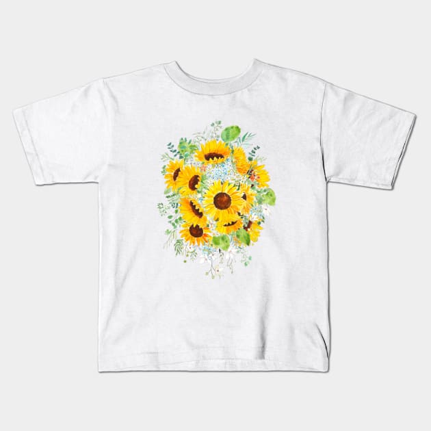 yellow sunflower blue hydrangea white orchid arrangement ink and watercolor Kids T-Shirt by colorandcolor